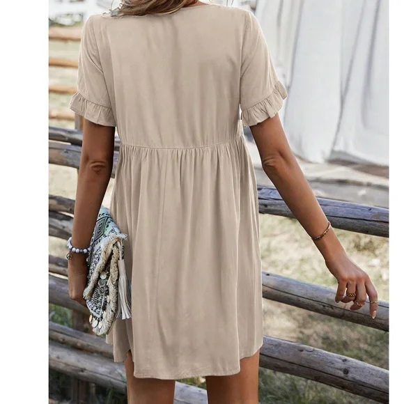 Boho Khaki Button Detail Ruffle Short Sleeve Mini Dress - Picture 6 of 9